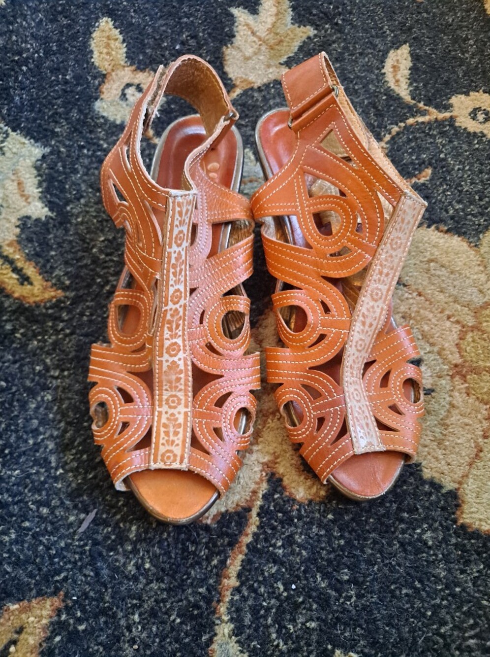 Spring Step Orange Leather Cutout Sandals with Embroidered Accent